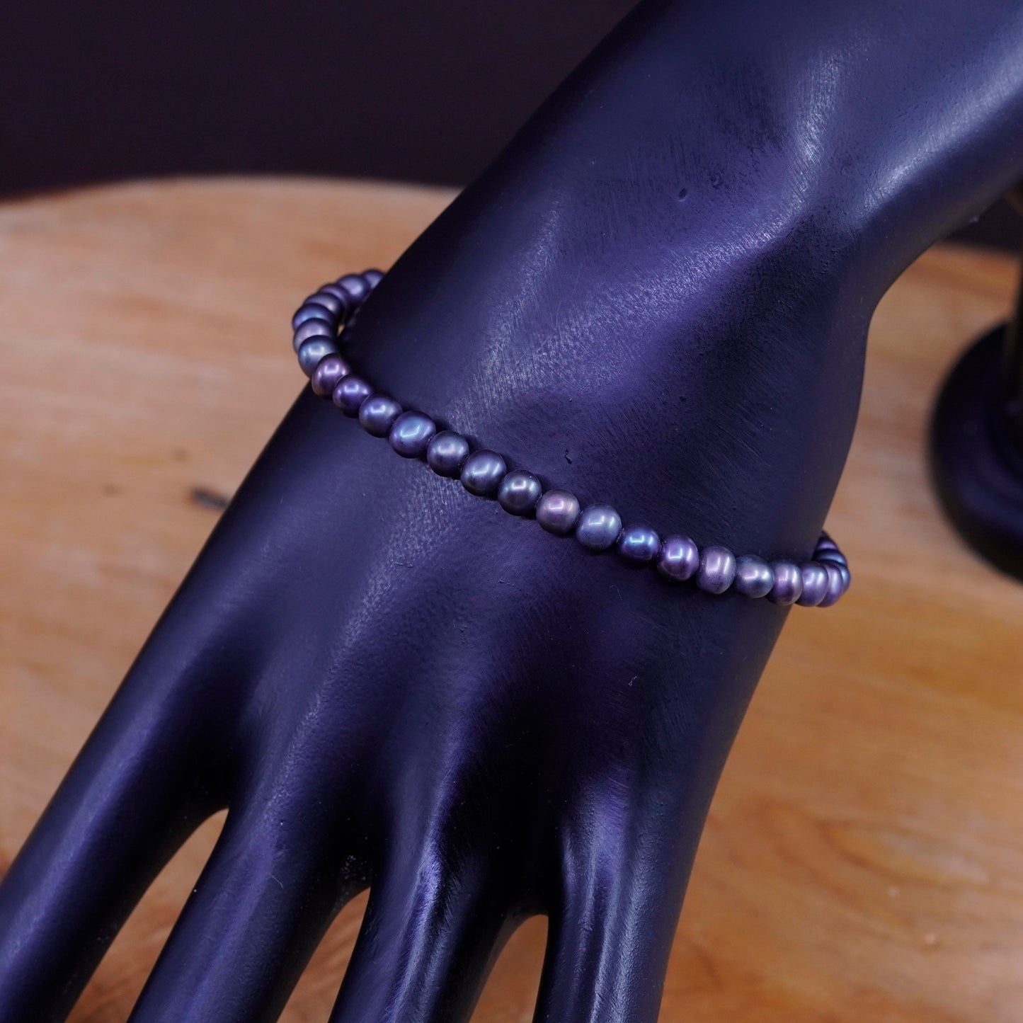 7” vtg handmade genuine black pearl beads bracelet, sterling 925 silver clasp