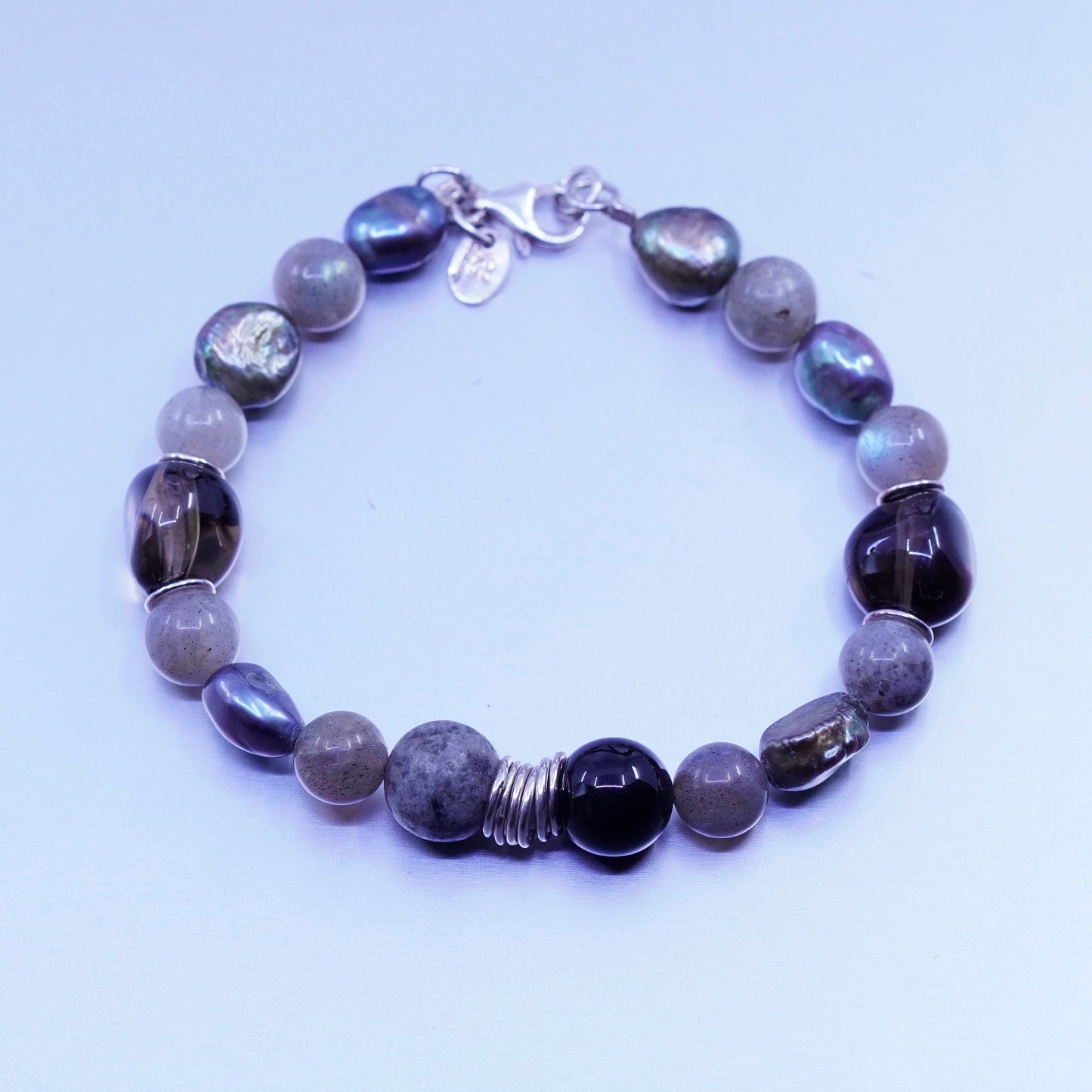 7”, QG Sterling 925 silver bracelet freshwater pearl, smoky topaz, labradorite