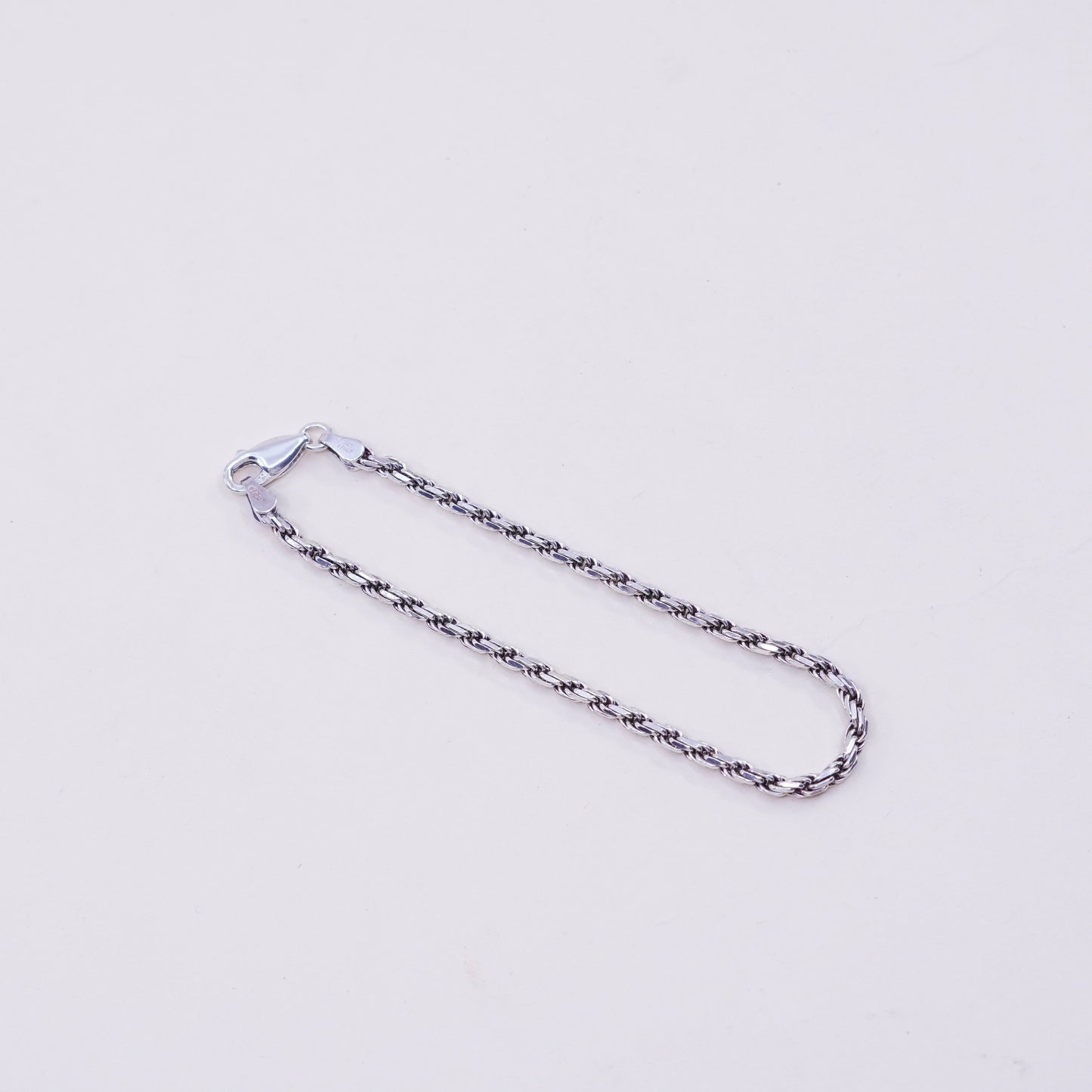 6.75”, 2mm, Vintage sterling 925 silver Italy rope chain bracelet