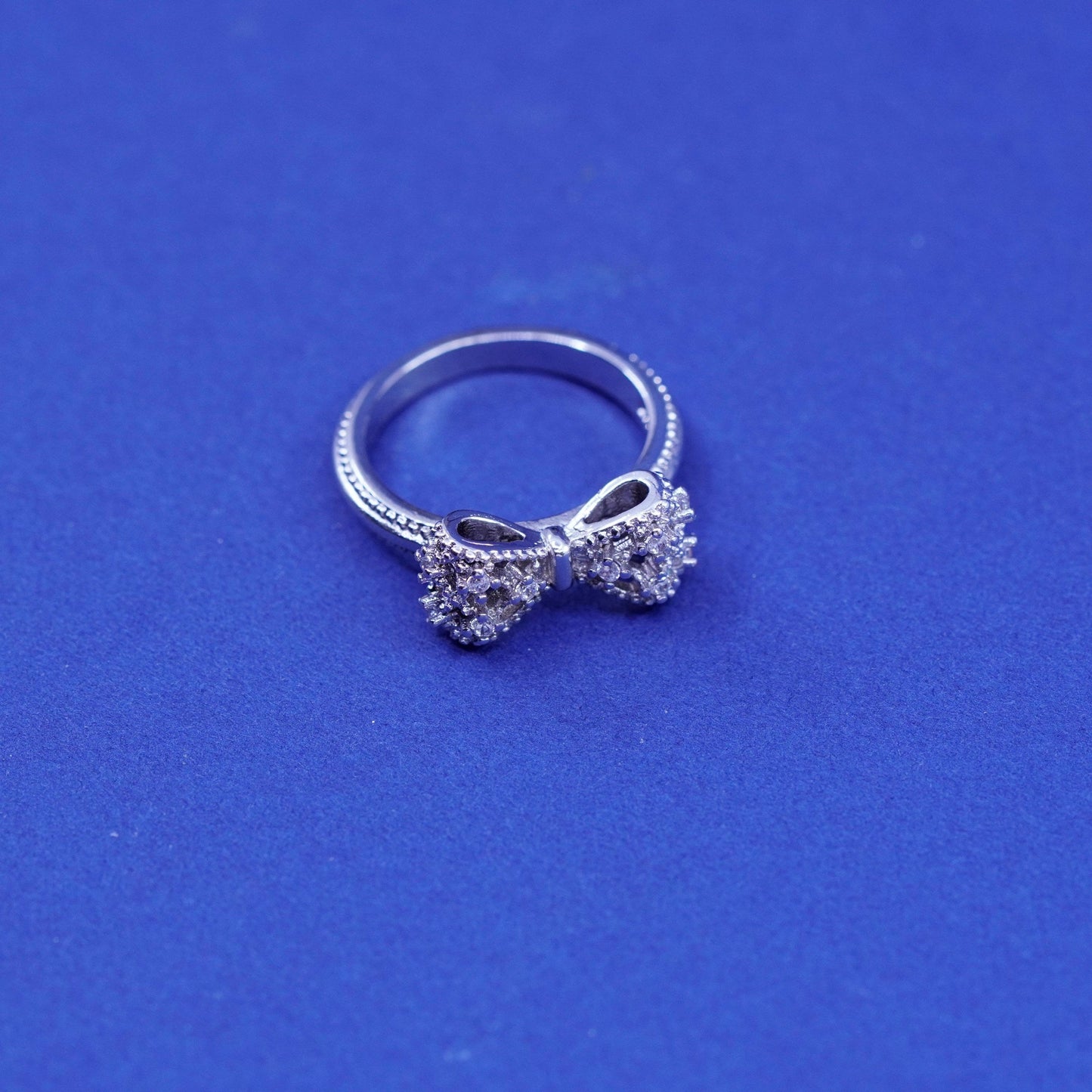 Size 5, vintage Sterling silver handmade ring, 925 bow tie ribbon ring with cz
