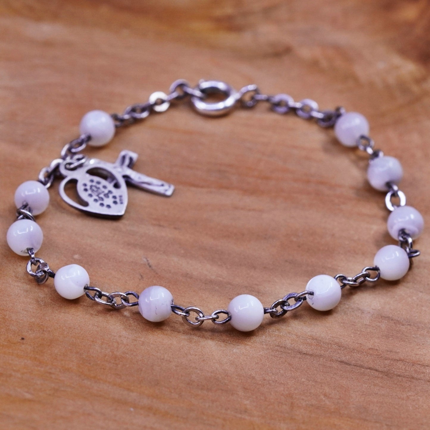 6.5”, Sterling silver bracelet, tiger eye beads chain 925 heart Jesus cross