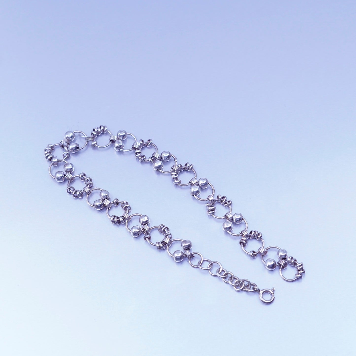 8.25”, Sterling 925 silver handmade bracelet, circle charm chain with beads