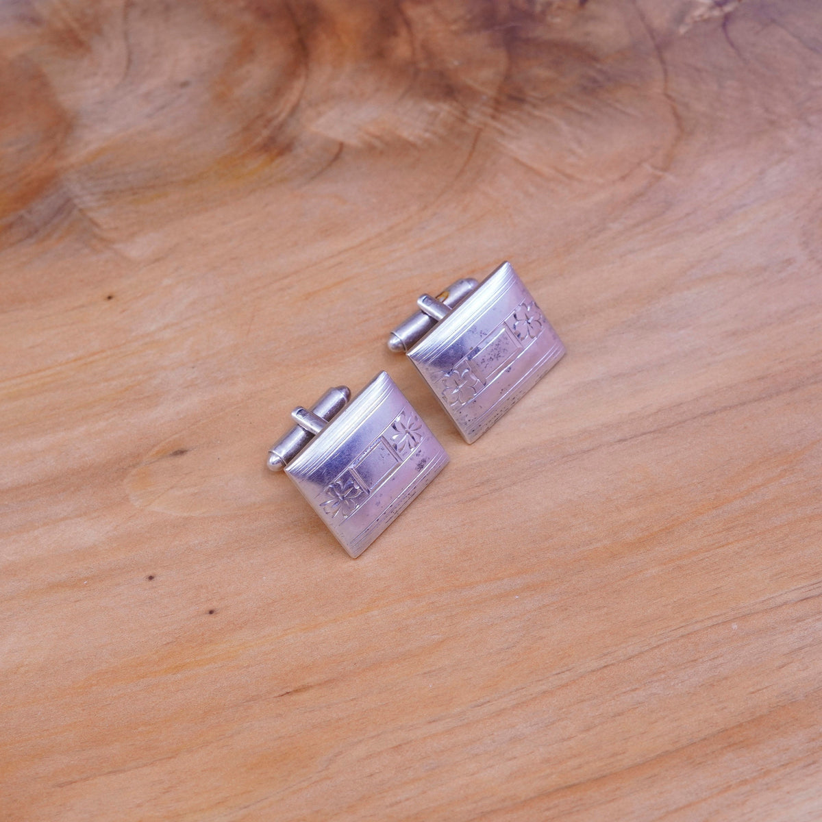 Vintage handmade sterling silver cufflink, 925 cuff links with flower engraved