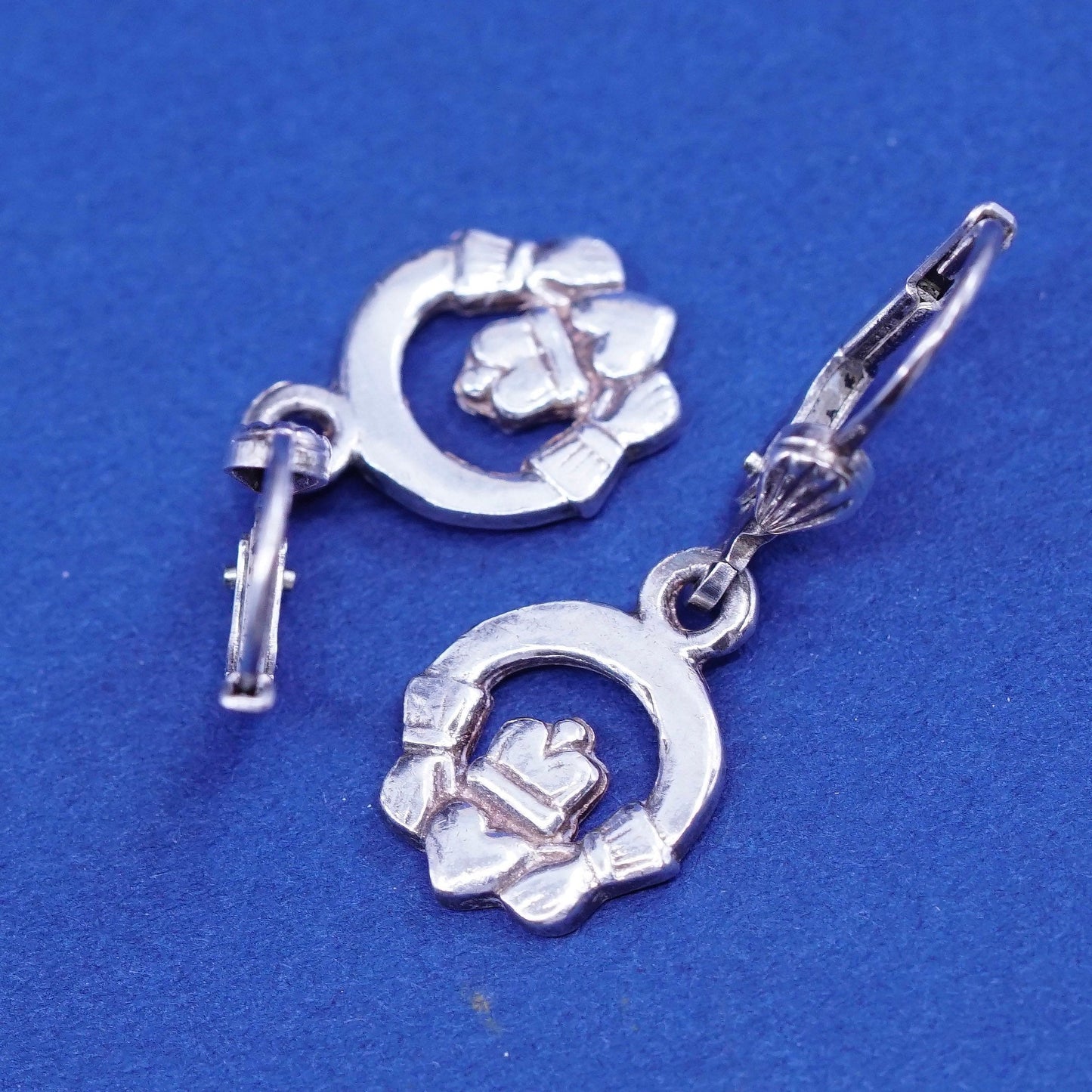 Vintage Sterling 925 silver handmade earrings, claddagh holding heart drops