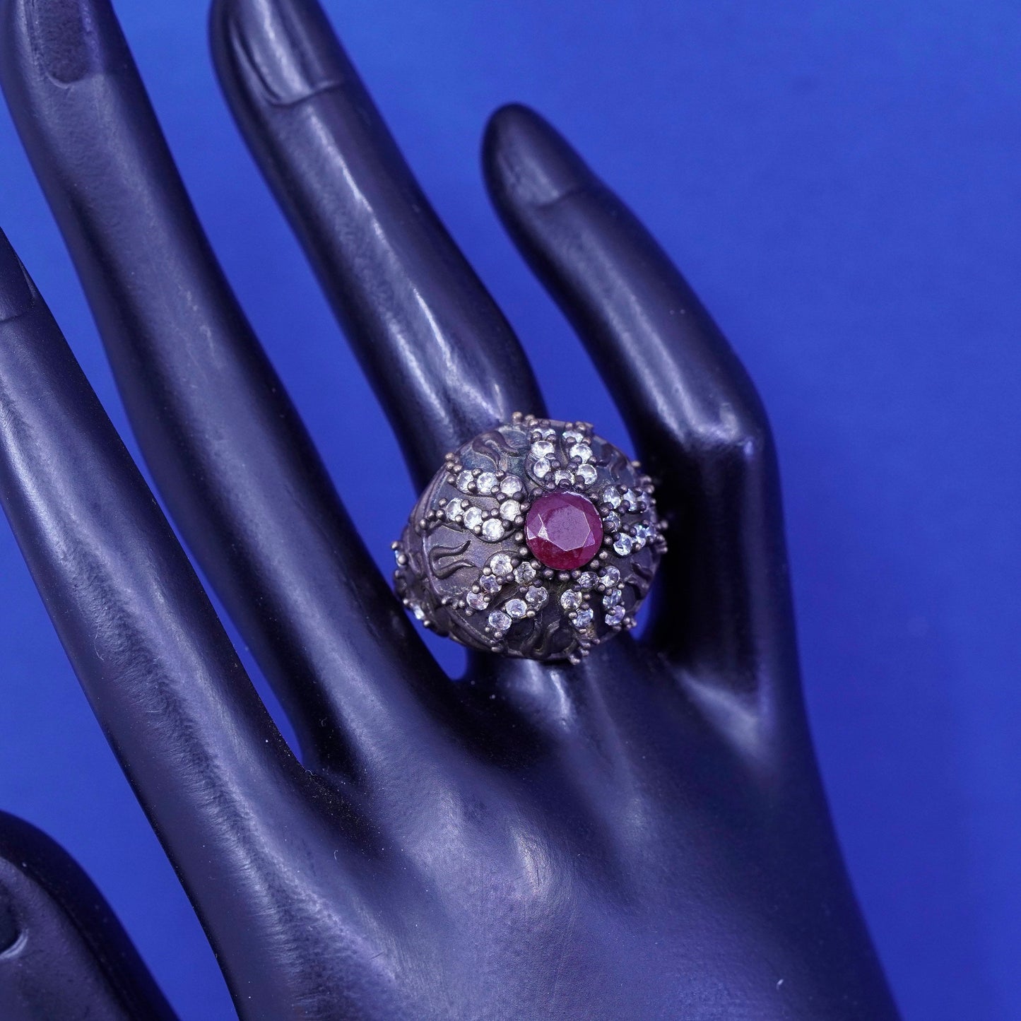 Size 6.25, vintage Sterling 925 silver handmade crown Statement ring ruby Cz