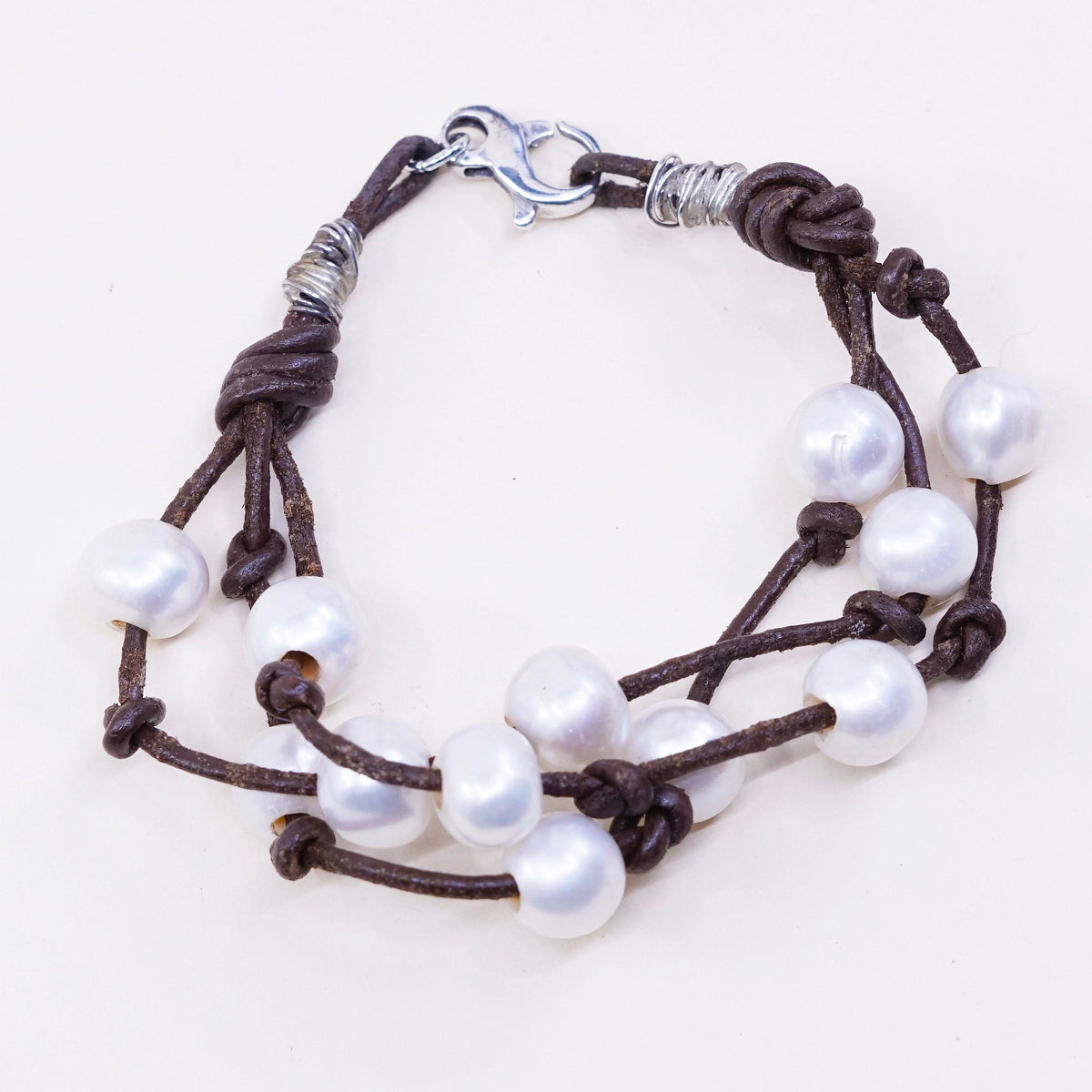6” vintage brown leather chain with sterling 925 silver clasp and pearl