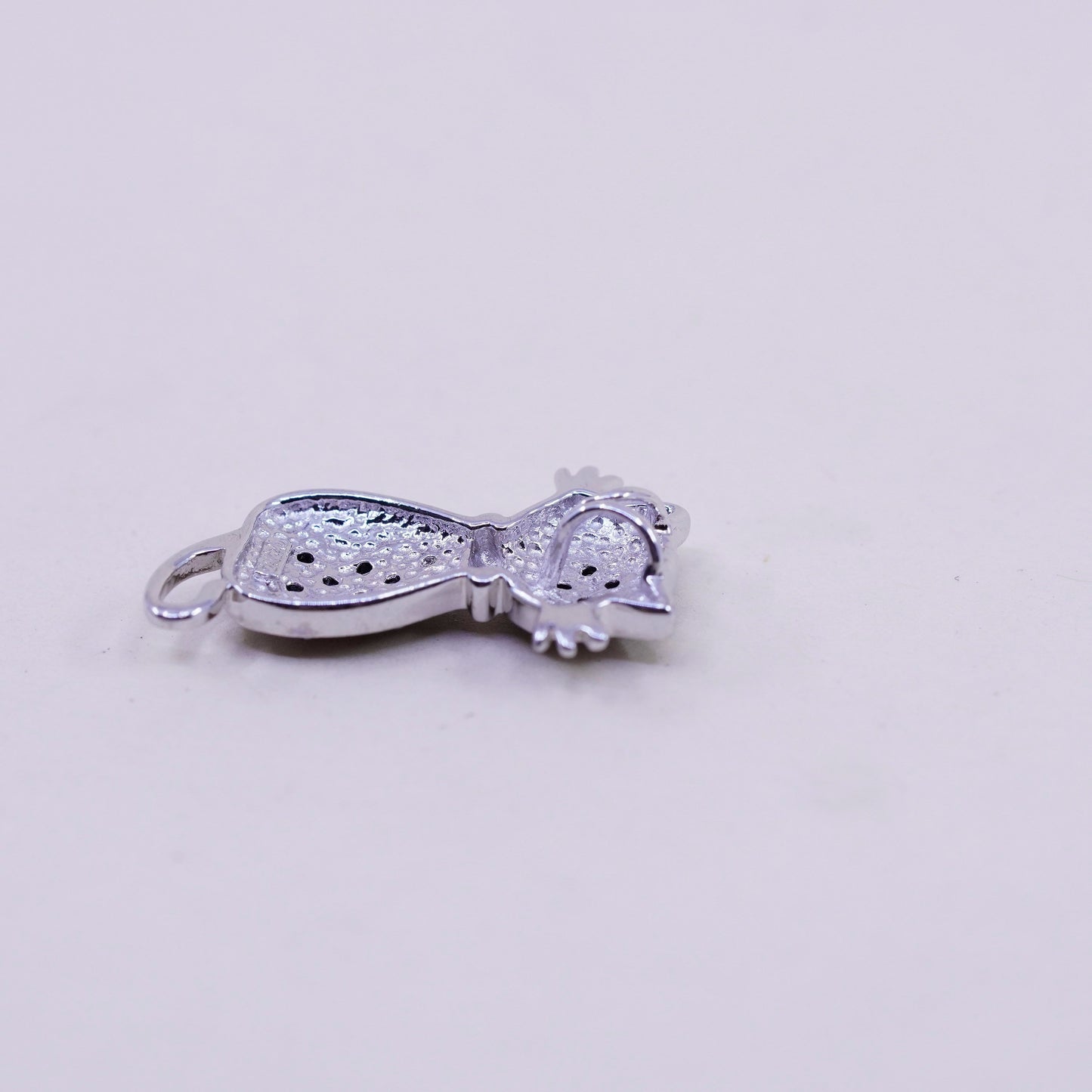 Vintage Sterling silver handmade pendant, 925 kitty cat with black diamond