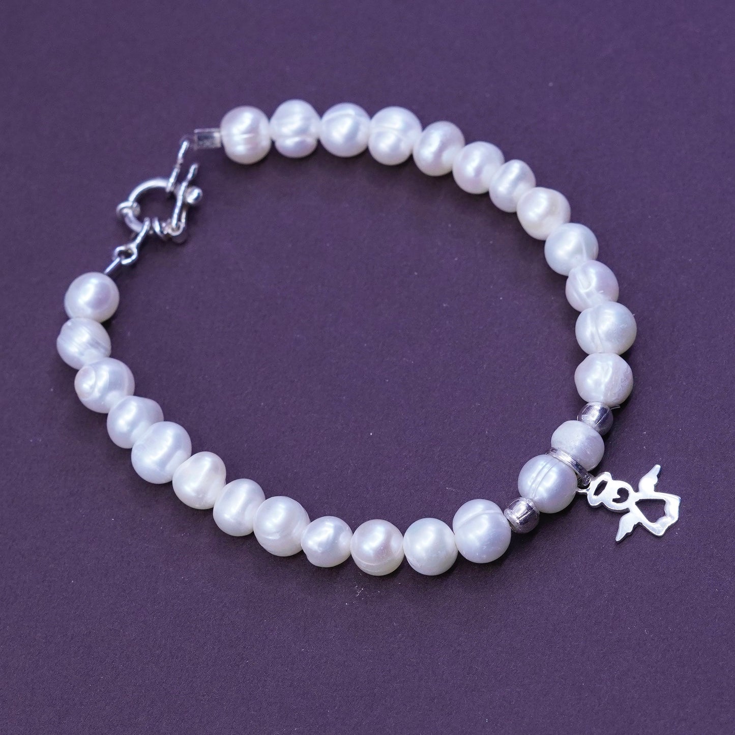 7”, Sterling 925 silver handmade bracelet, pearl beads chain with Angel charm