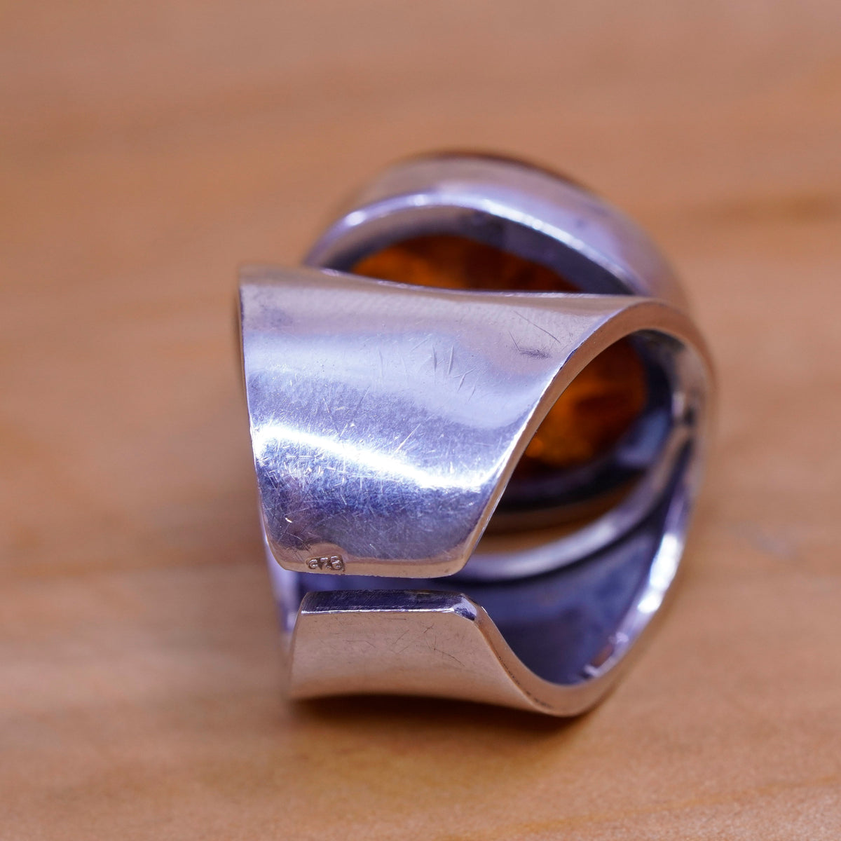 Size 8.5, vintage Sterling 925 silver handmade modern statement ring with amber