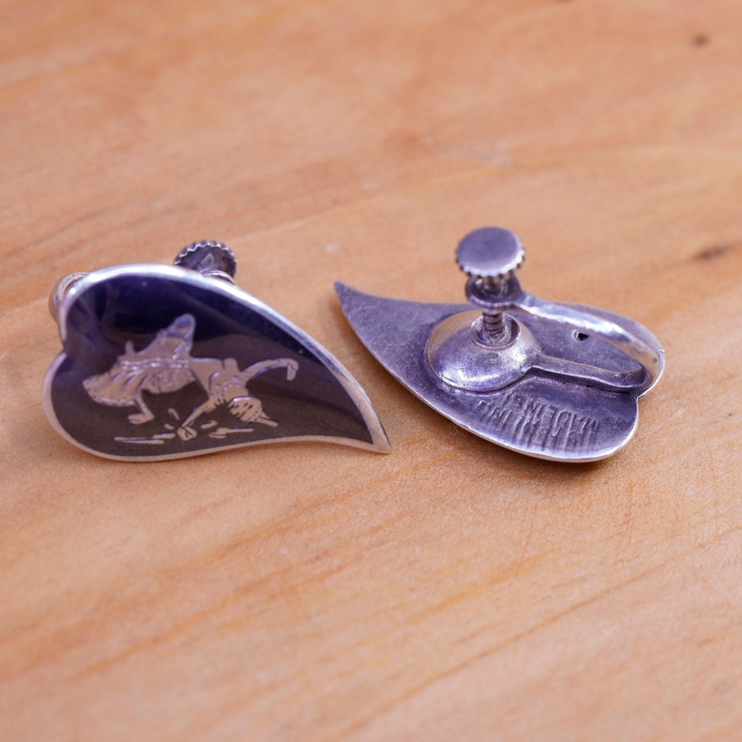 Vintage Siam sterling silver clip on earrings, 925 teardrop earrings, niello