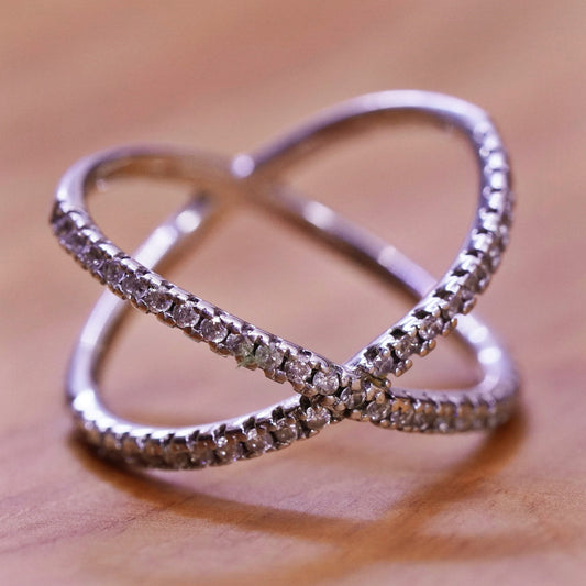 Size 6.5, vintage Sterling silver handmade ring, 925 cross band with cz