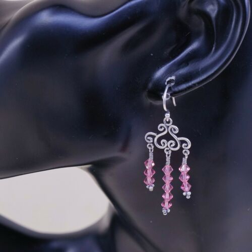 Vtg Sterling 925 silver Handmade Swirly Heart earrings w/ Pink Crystal Dangles