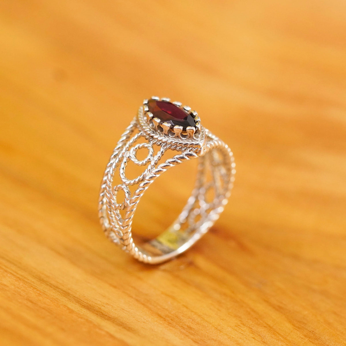 Size 8.25, vintage Sterling 925 silver handmade filigree ring with ruby