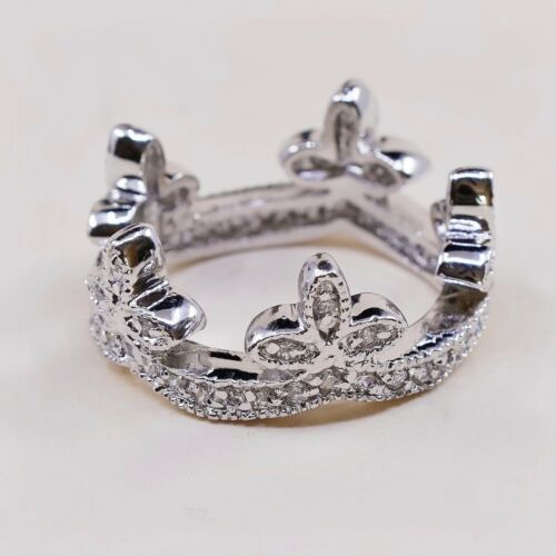 Size 7.25, Vtg Sterling Silver Handmade Wedding Ring, 925 Band W/ Cz Inlay