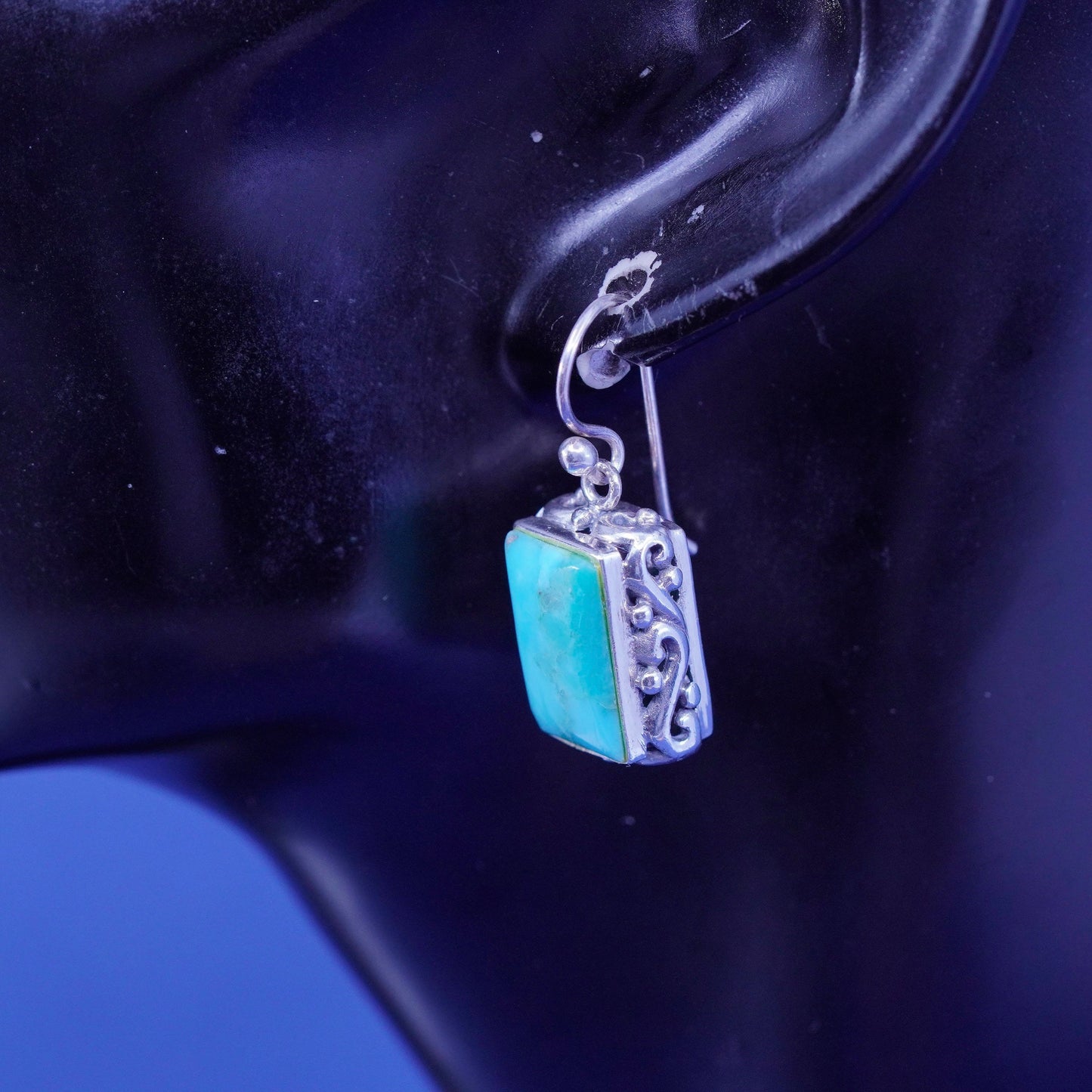Vintage Sterling 925 silver handmade filigree bali earrings with turquoise