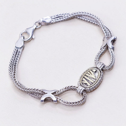 6.5”, 14K gold accent w/ sterling silver bracelet, 925 wheat chain w/ “YIW”