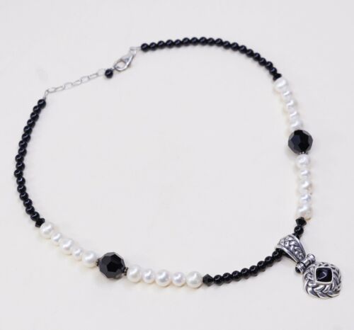 14”+2”, Vtg Sterling 925 silver Chain handmade necklace W/ Pearl N Obsidian Bead