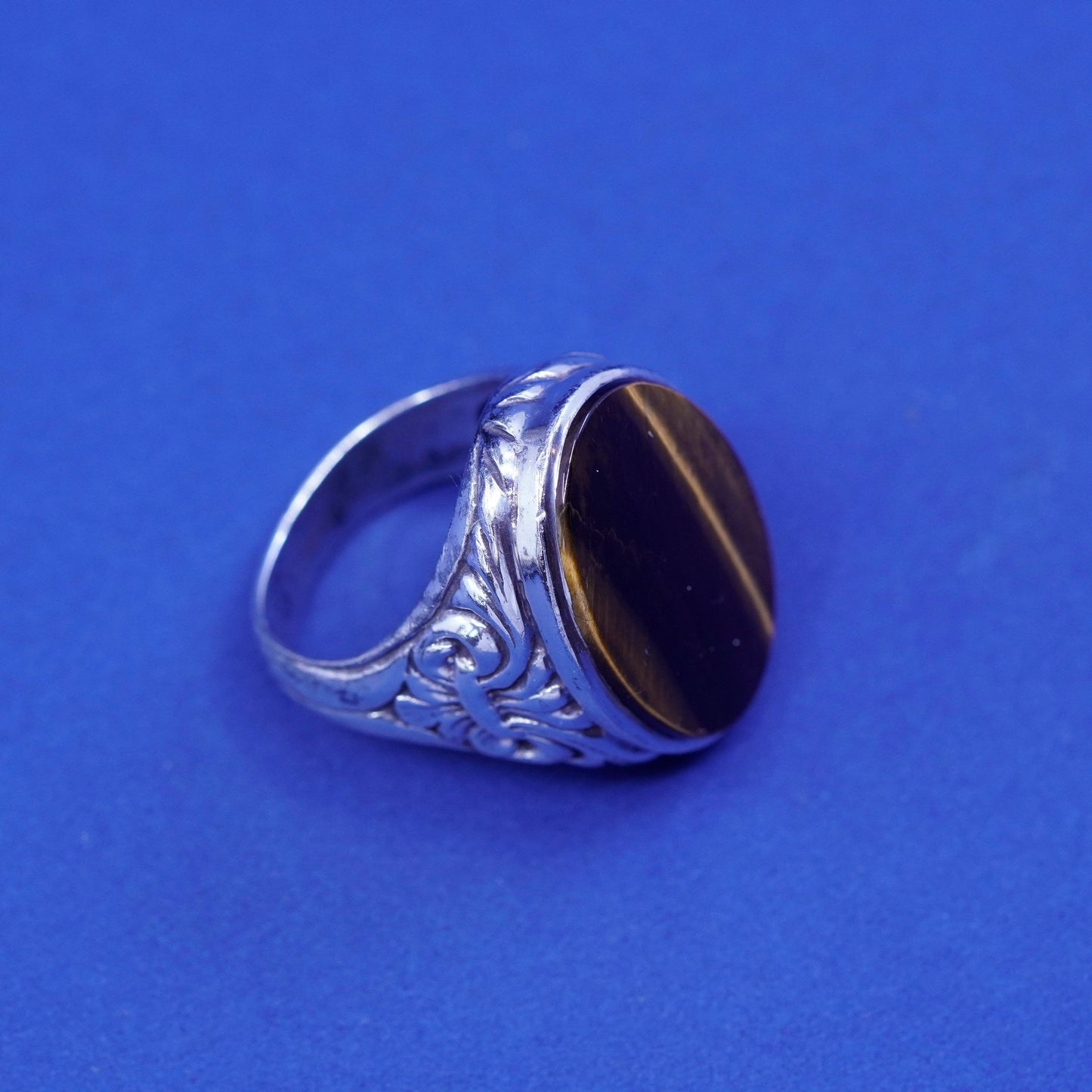 Size 9.25, Sterling 925 silver statement ring with golden tiger eye and relief