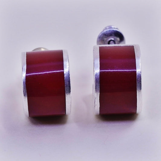 0.5”, Vintage sterling silver handmade hoops, 925 Huggie earrings w/ red enamel