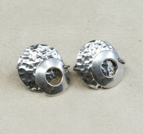 VINTAGE Taxco Sterling Silver .925 CLIP ON EARRINGS, hammered disk circle