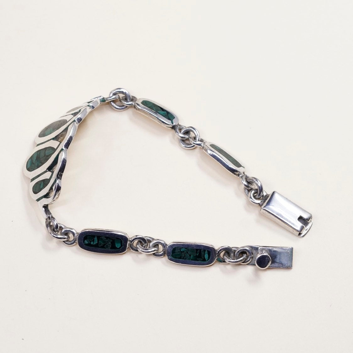7.5", VTG mexico Sterling silver Handmade bracelet, Mexico 925 w/ malachite