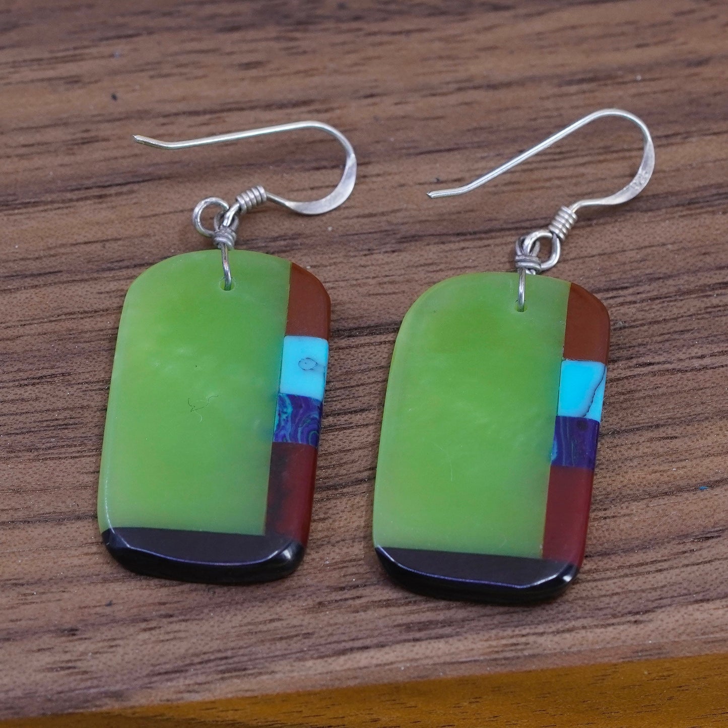 Vintage Sterling 925 silver handmade earrings green resin rectangular dangle