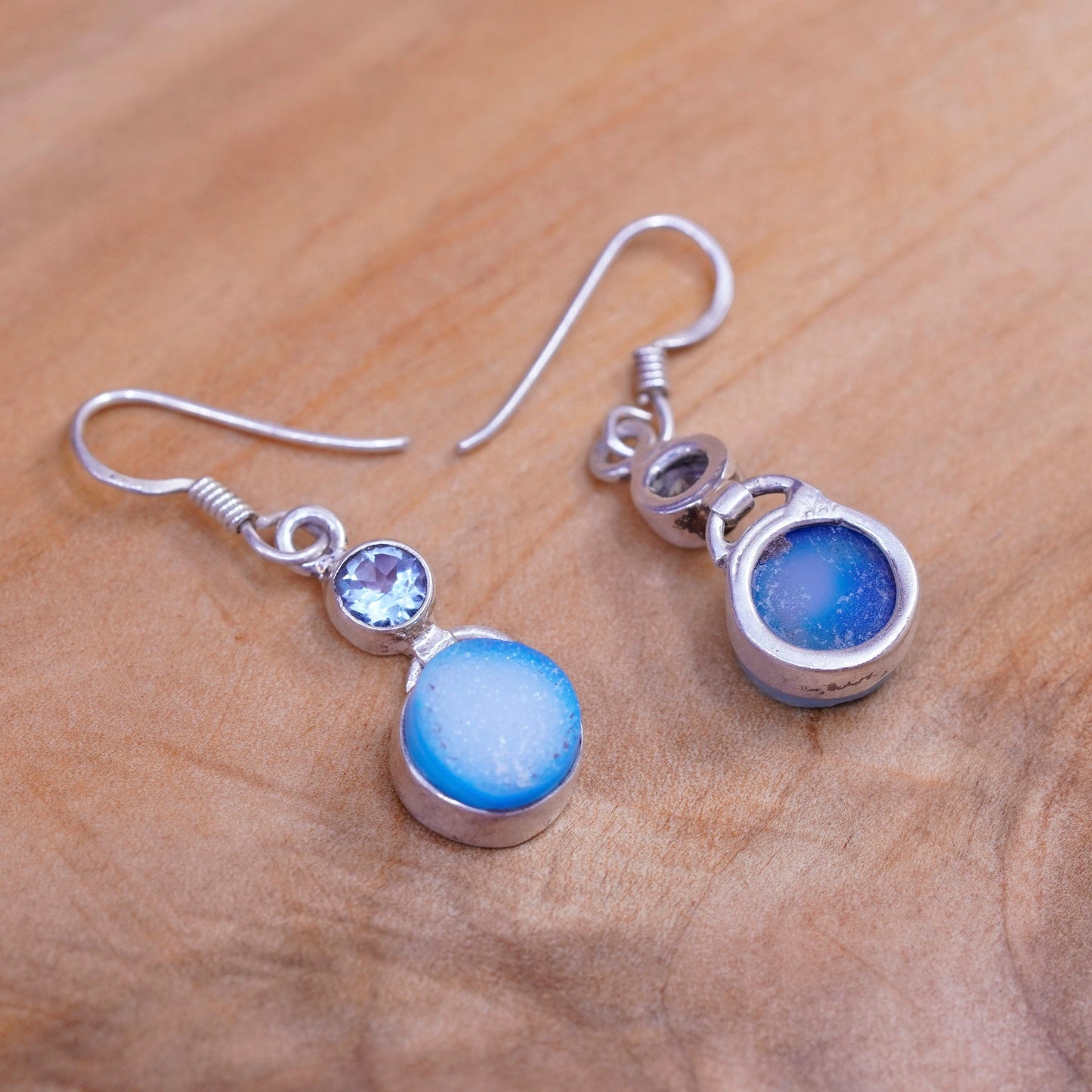 Vintage Sterling 925 silver handmade earrings with blue topaz and druzy