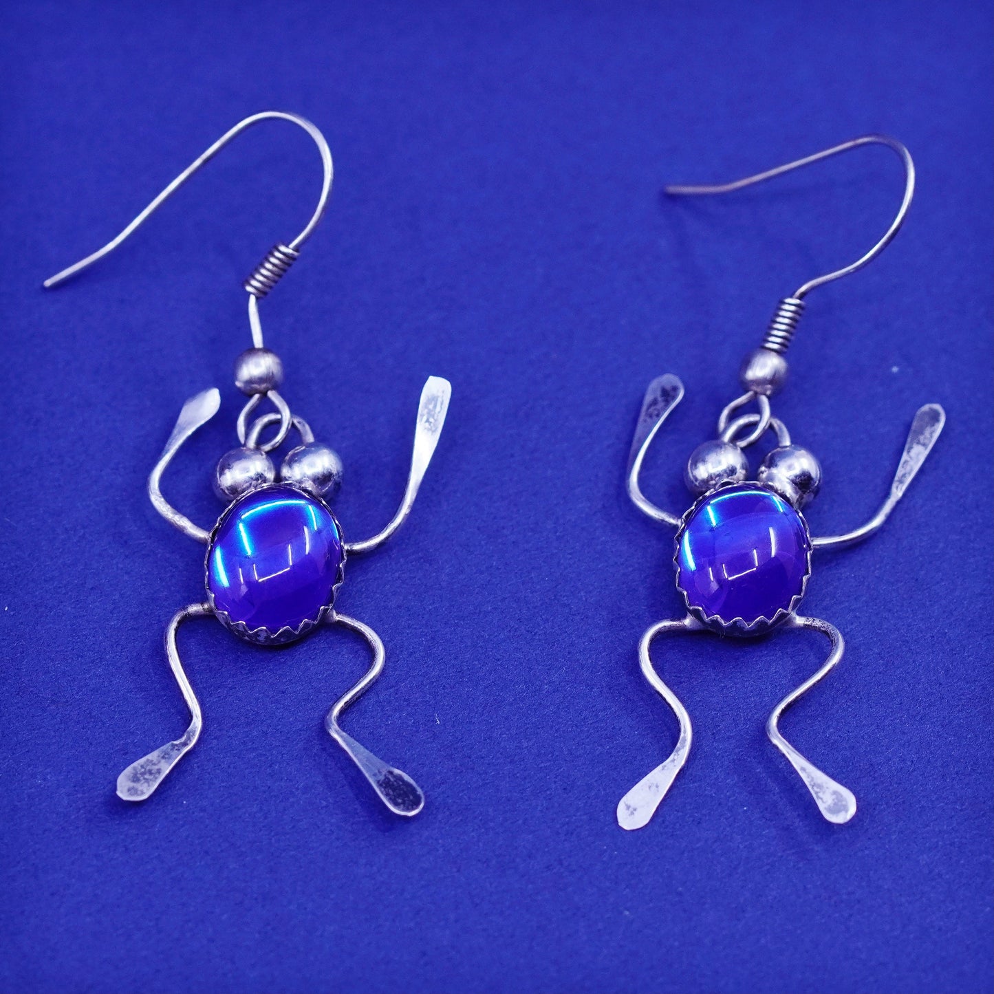 Vintage sterling 925 silver handmade frog earrings with blue glass