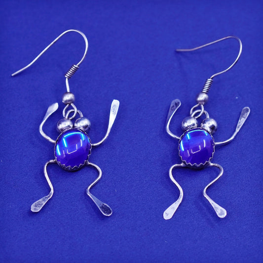 Vintage sterling 925 silver handmade frog earrings with blue glass