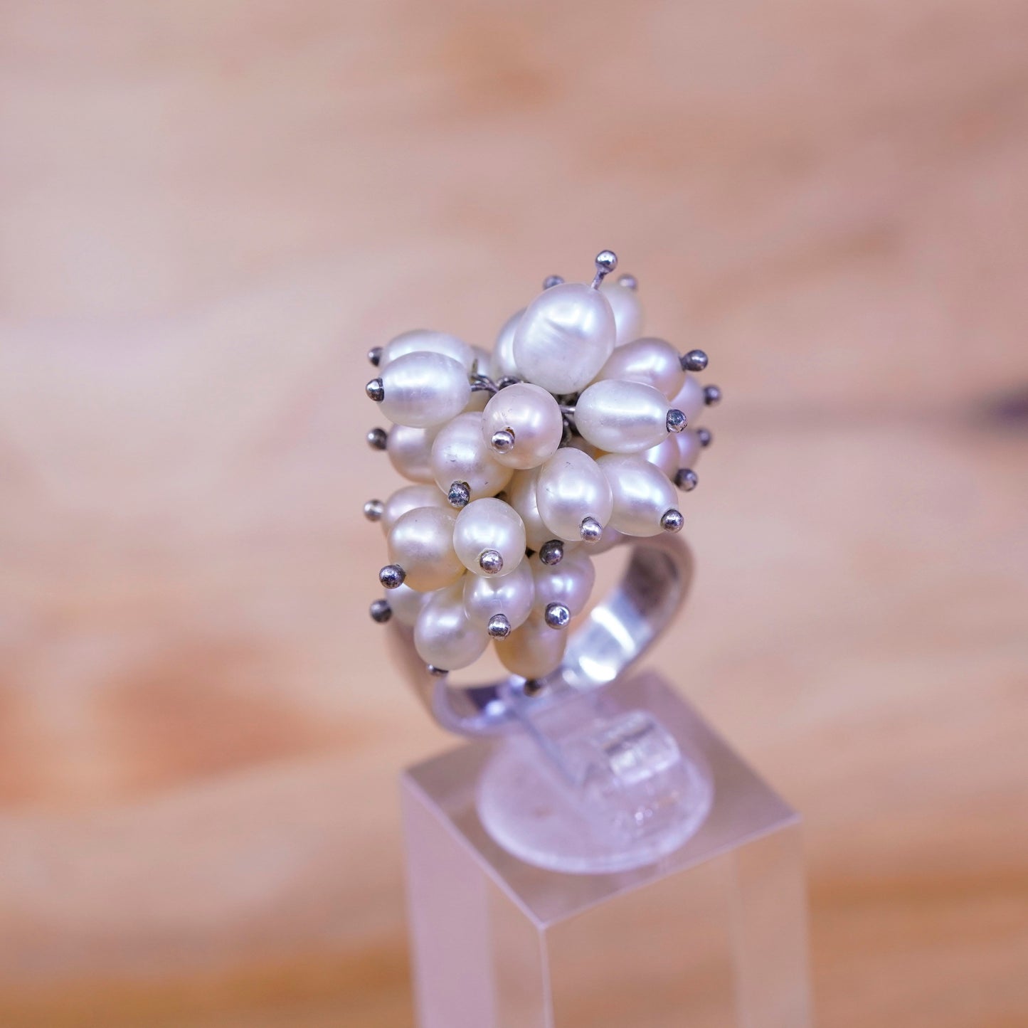 Size 7.25, vintage Sterling 925 silver handmade ring with cluster pearl