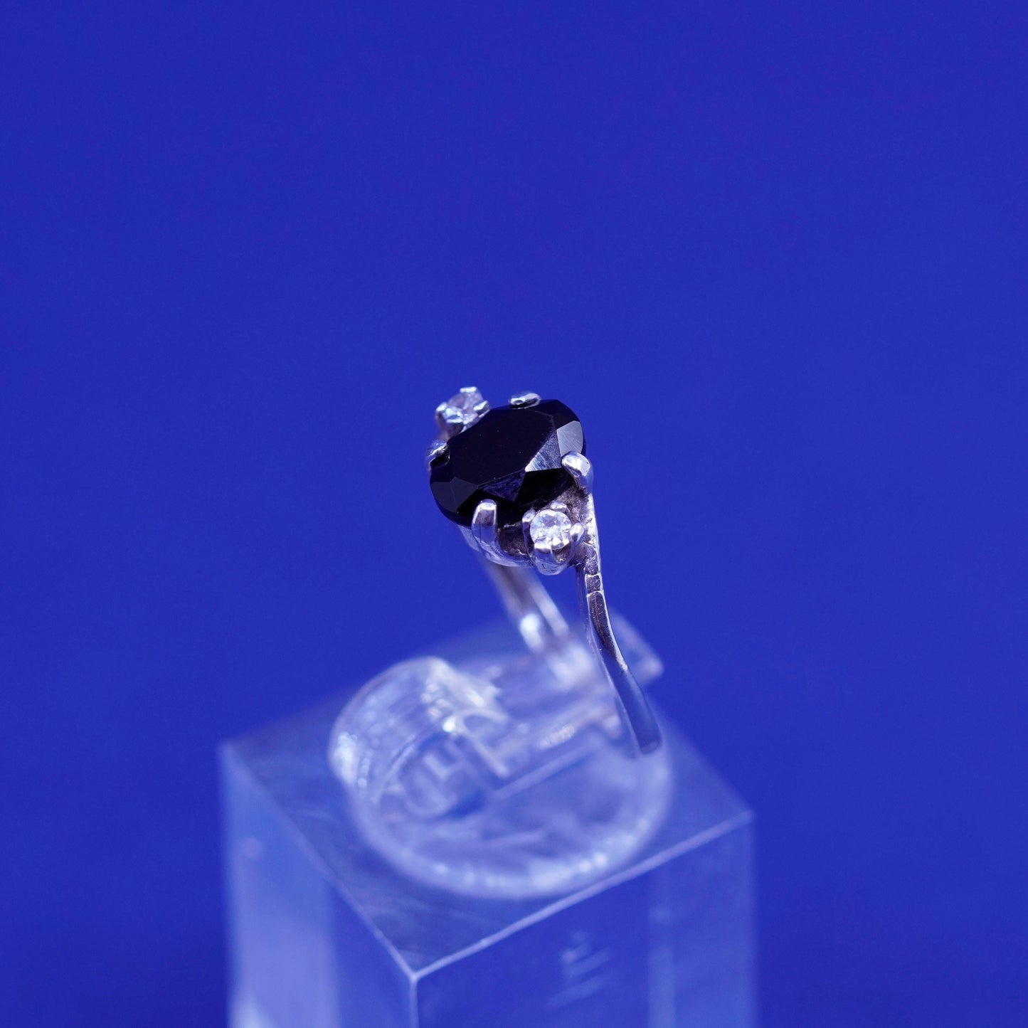 Size 4.75, vintage Sterling 925 silver handmade ring with sapphire and cz