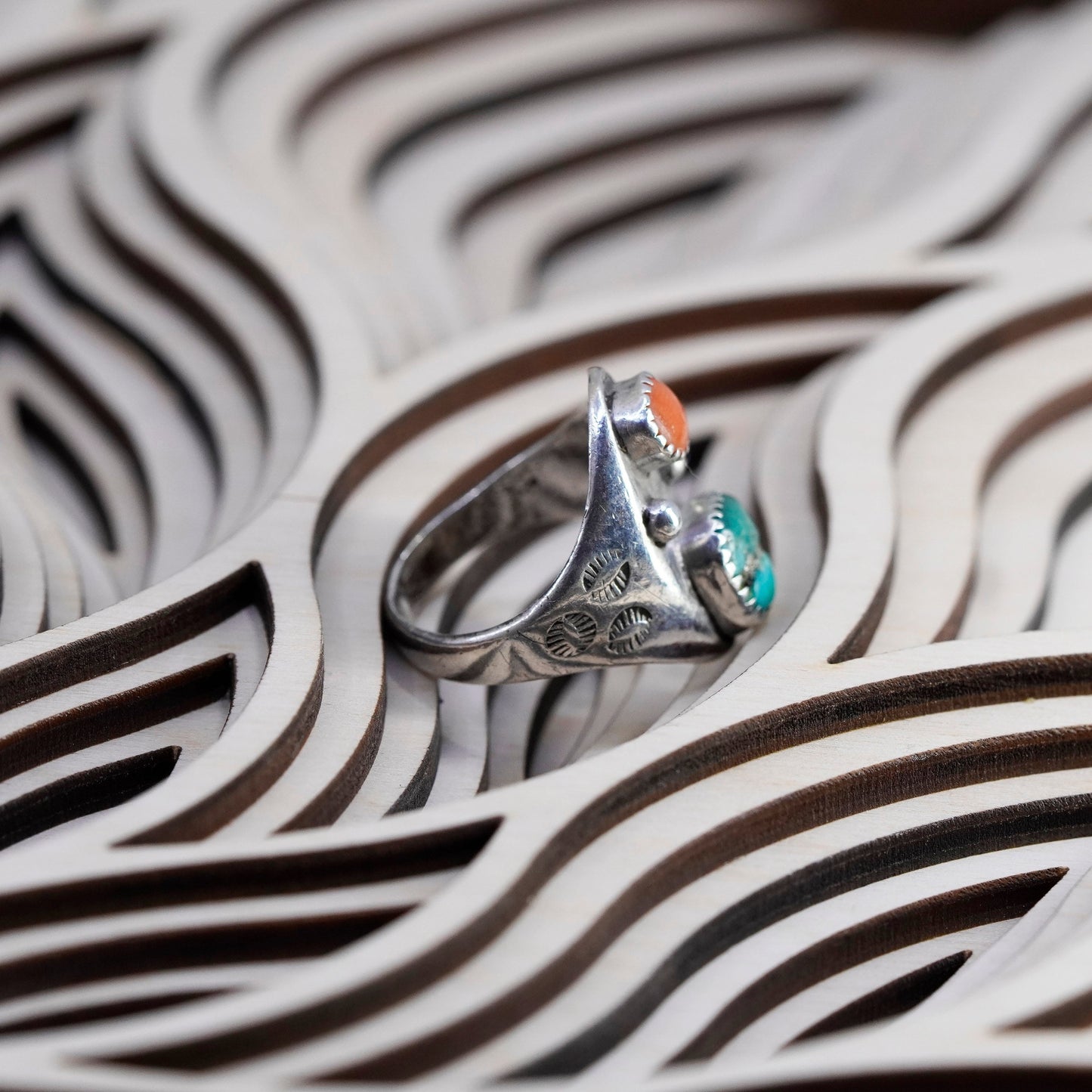 Size 9.75, sterling silver ring, Native American 925 band ring turquoise, coral