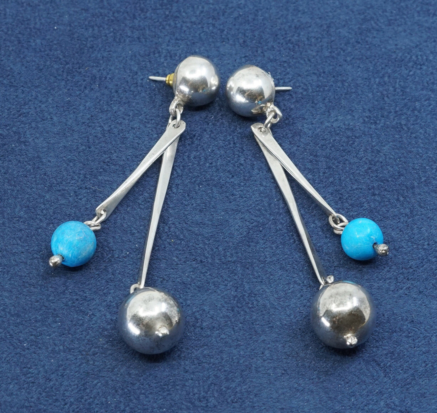 3”, vtg sterling 925 silver handmade long earrings w/ turquoise beads