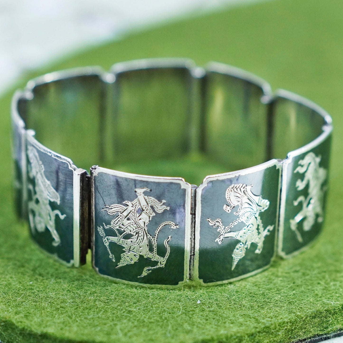 6.5”, Vintage Indian Siam 925 sterling silver wide bracelet engraved goddess