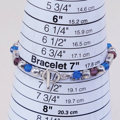 7.25” Vtg Sterling Silver Handmade Bracelet, 925 Peace Hope Faith W/ Blue Beads