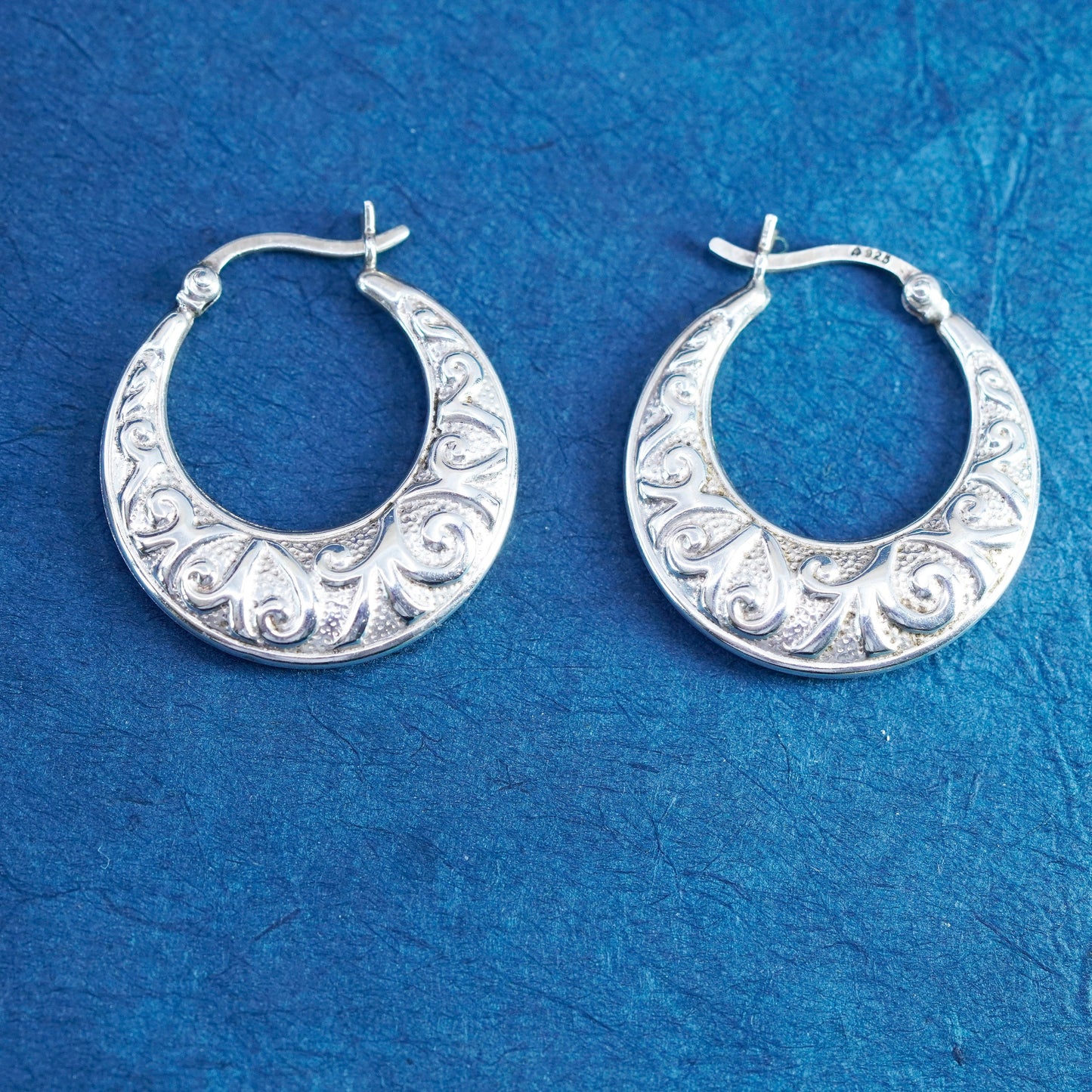 1”, Sterling silver handmade earrings, textured 925 hoops, huggie