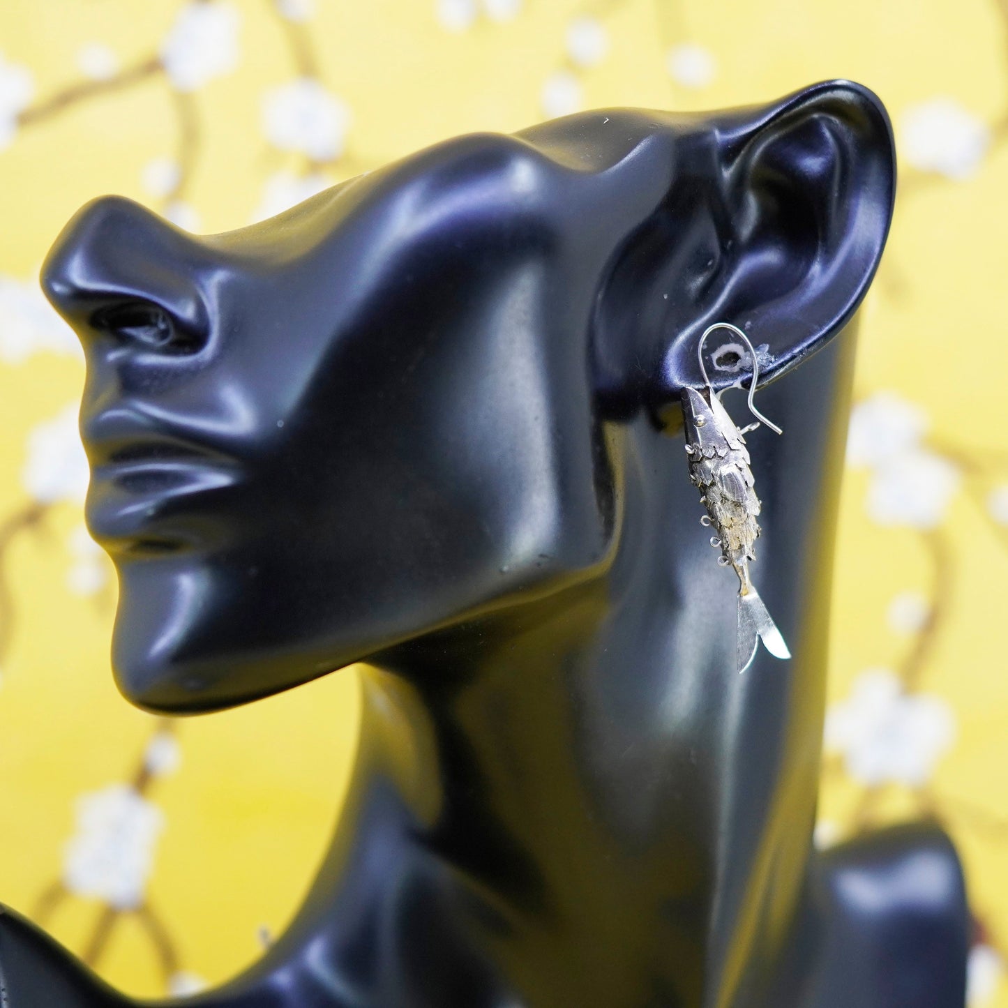 Vintage sterling silver handmade earrings, 925 movable fish dangles