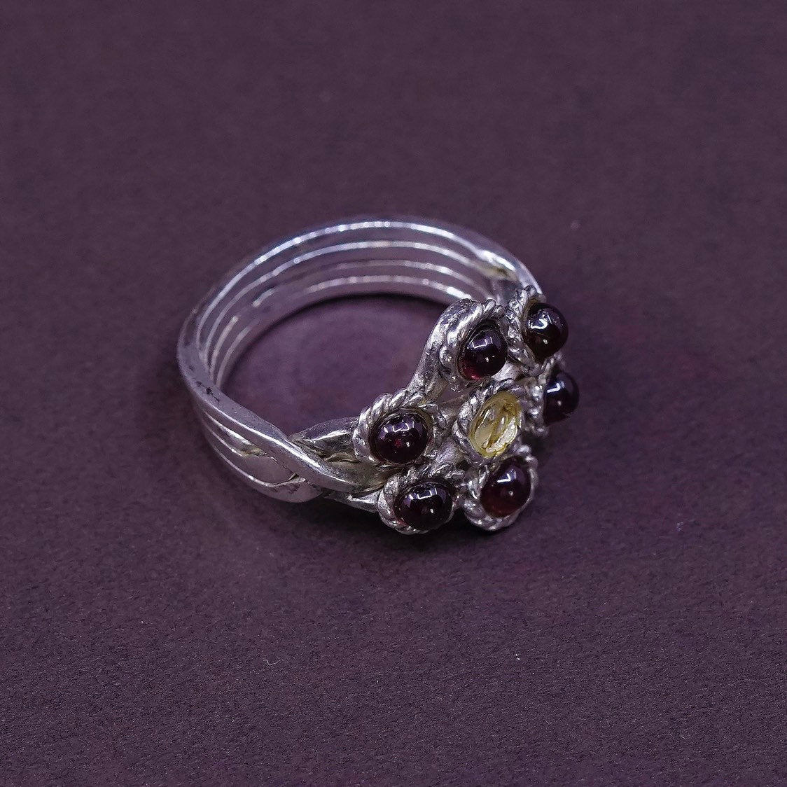 sz 5.5, vtg Sterling silver handmade ring, 925 band w/ Garnet
