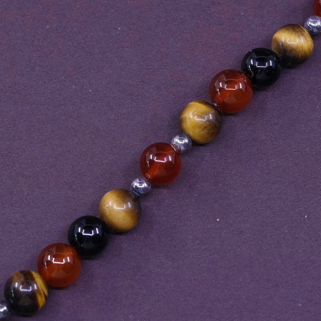 7", vtg Sterling 925 silver handmade bracelet Golden tiger eye Carnelian obsidia