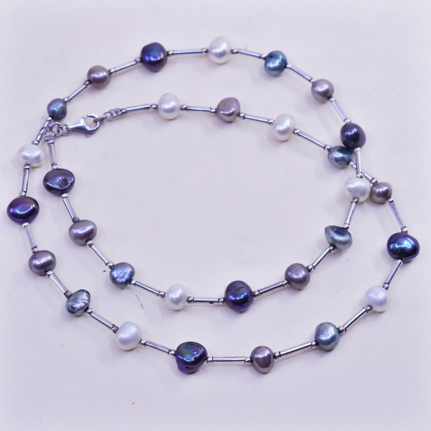 20”, Vintage genuine pearl beads necklace chain with sterling 925 silver bar