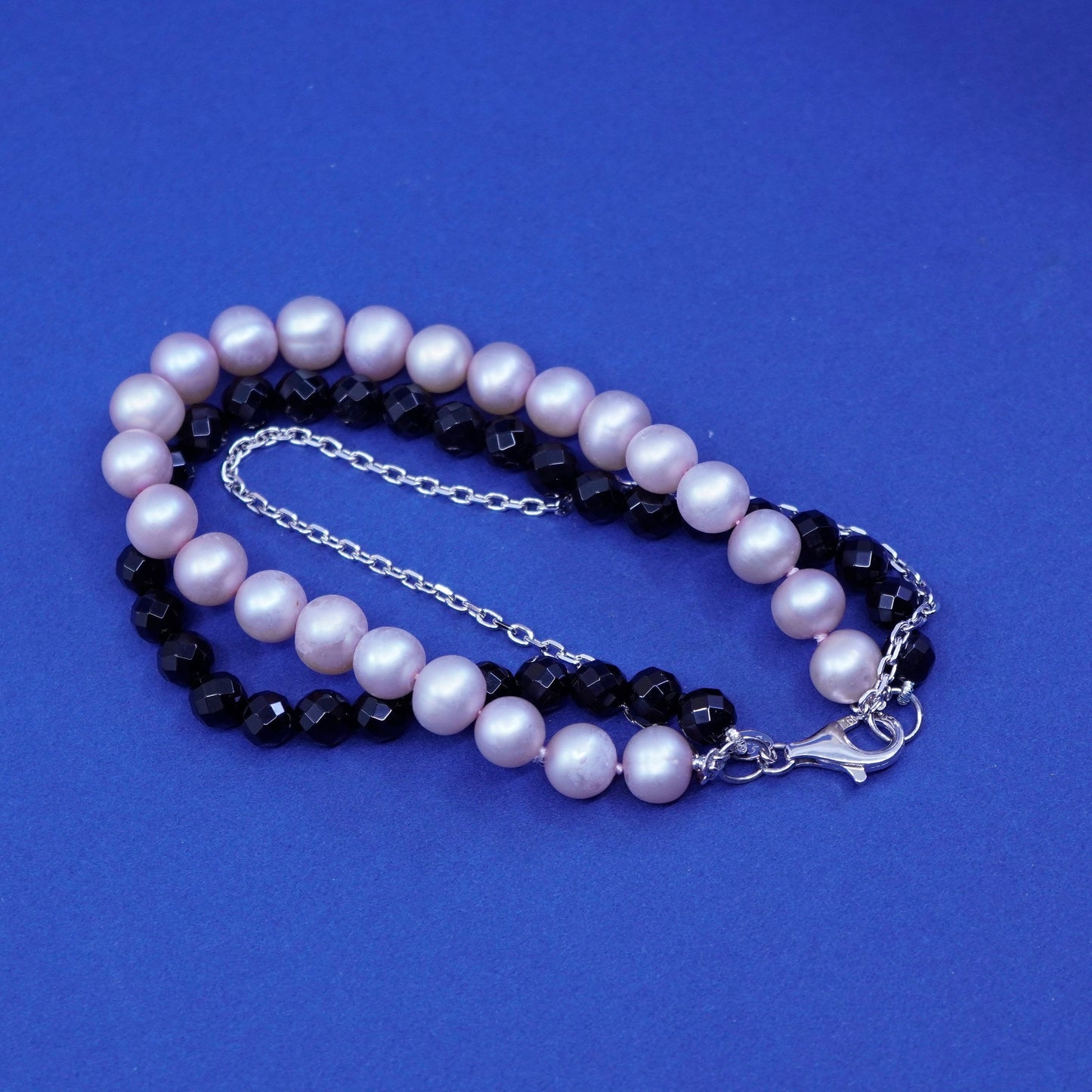 6.75”, vintage Sterling 925 silver handmade bracelet, obsidian and pearl beads
