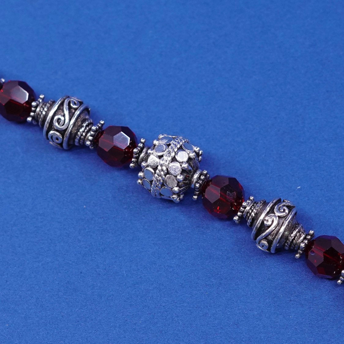 6”, vtg sterling silver handmade bracelet, 925 w/ crystal beads N teapot spoon