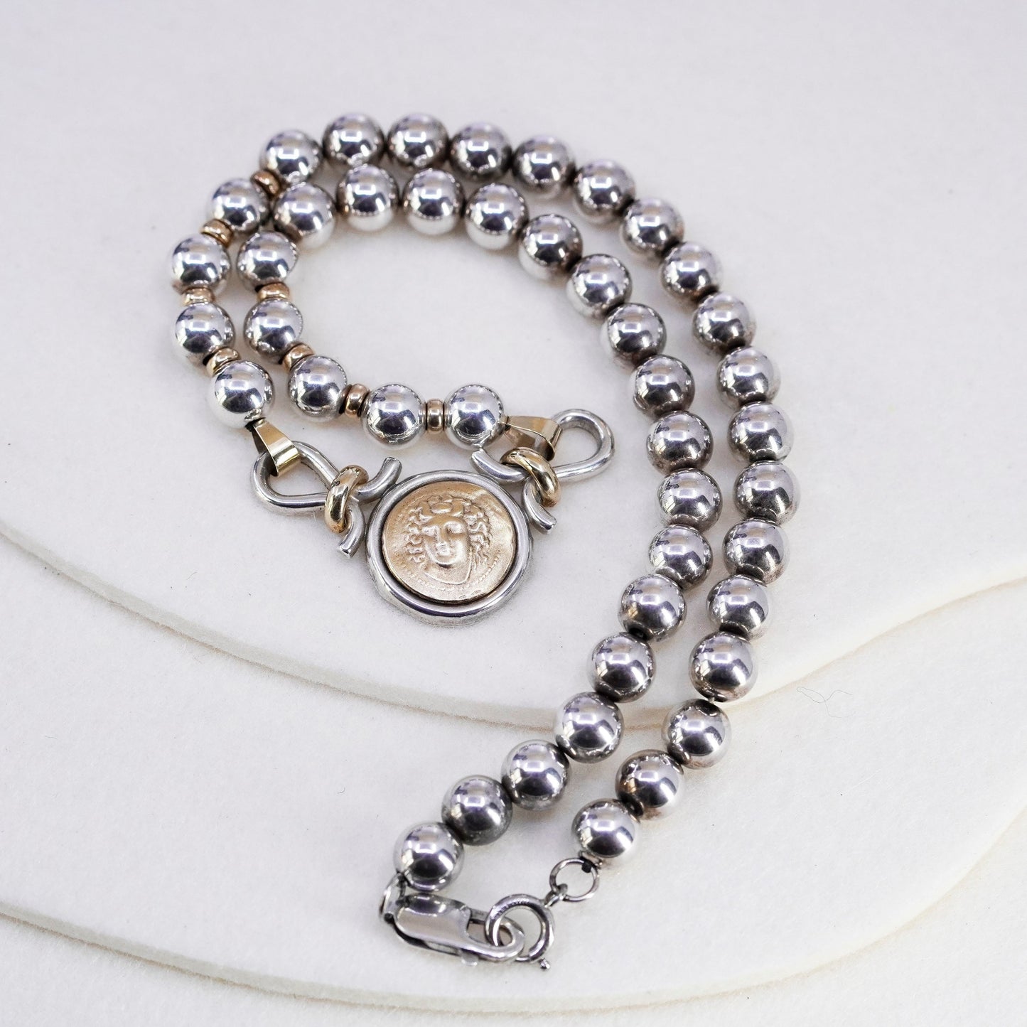 16”, VTG two tone Sterling 925 silver handmade beads necklace 14K yellow gold