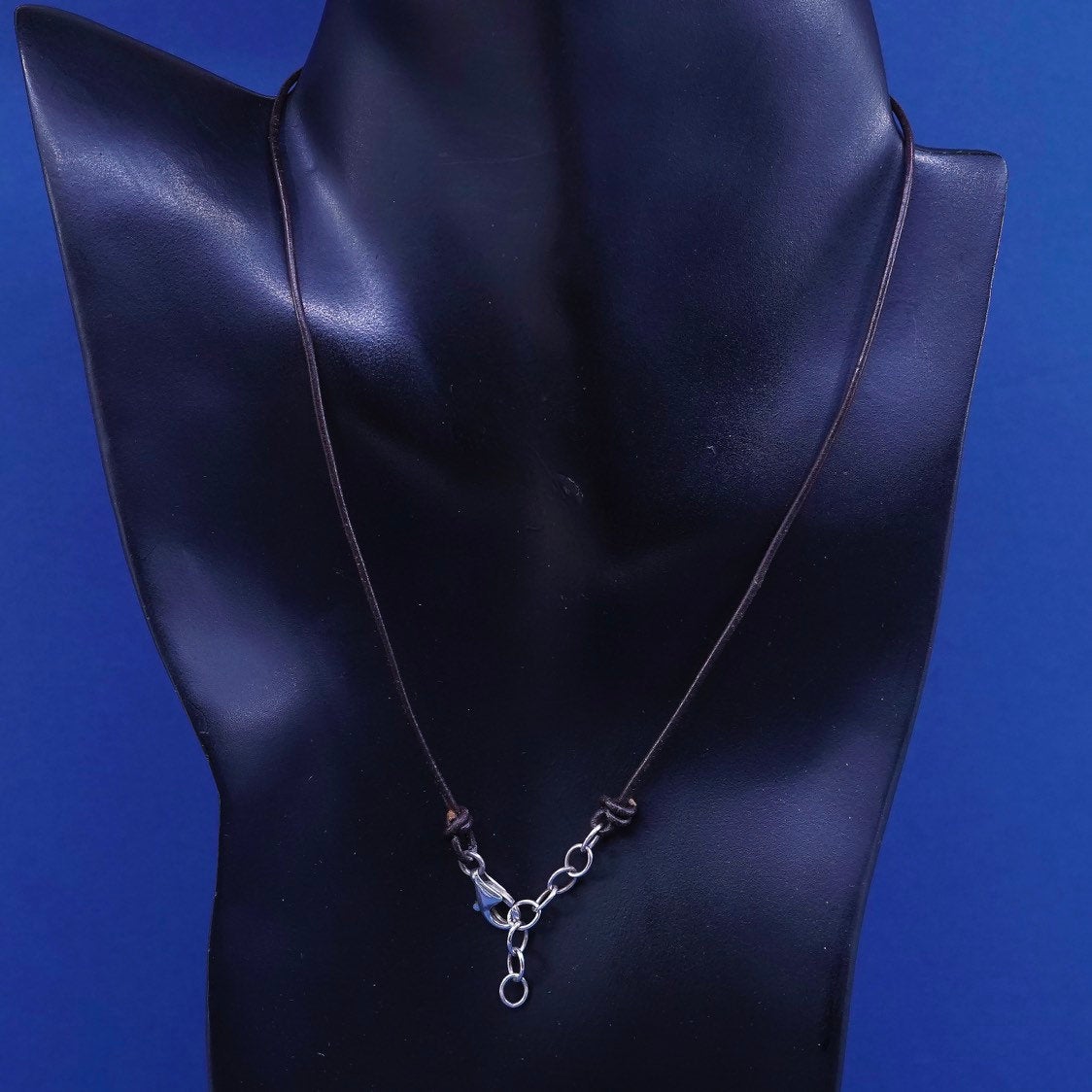 16” vtg Sterling Silver clasp with brown Leather Necklace w/ extension chain