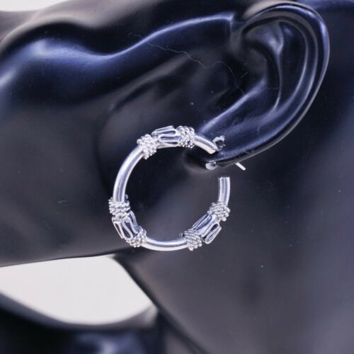 1.25”, Vtg 925 Sterling Silver Handmade Hoop Earrings, 925 Wired huggie