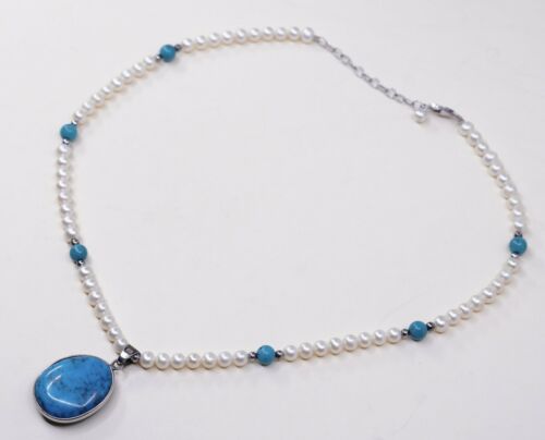 16”+2”, Vtg Sterling 925 silver handmade necklace W/ Pearl N Turquoise Pendant