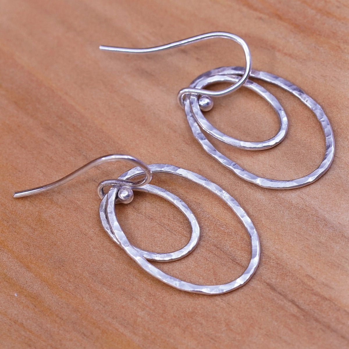 Vintage Sterling silver handmade earrings, 925 double oval circles dangle