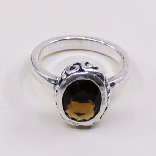 Sz 7.5, Vintage barse Handmade Sterling 925 Silver w/ Smoky Ceystal W/ Swirly