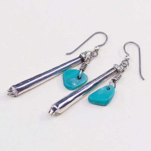 Vtg Native American Long handmade Sterling 925 Silver Earrings w/ turquoise