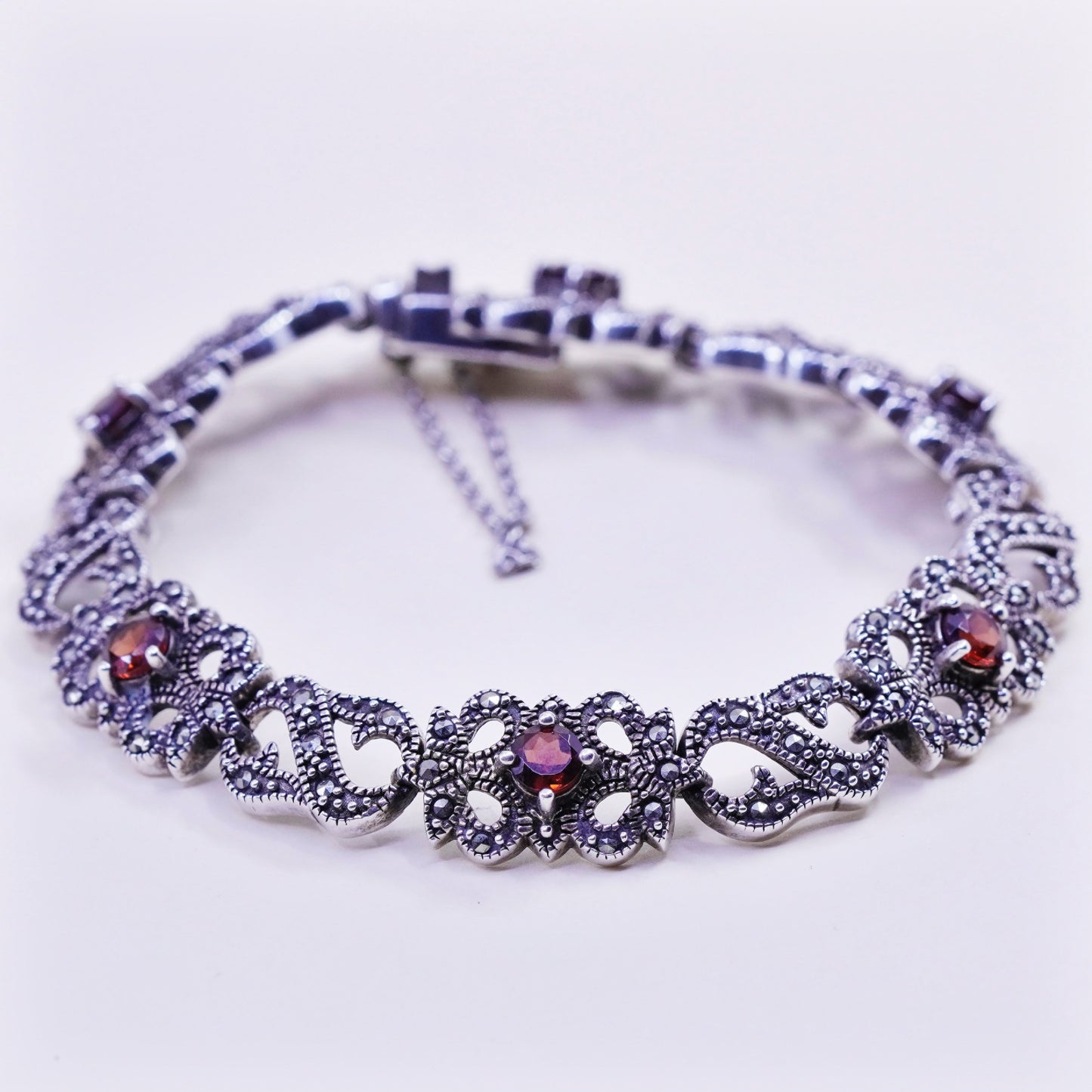 6.75”, Sterling Silver Handmade Bracelet, 925 chain with Marcasite ruby